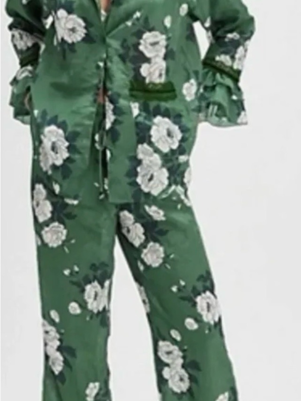 Green Floral Satin Pajama Set